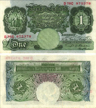 АНГЛИЯ 1 ФУНТ 1949-1955 ЗЕЛЕНЫЙ, ПОДПИСЬ ПОДПИСЬ P.S. BEALE Pick 369b бумага XF 7218-33-1