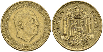 Испания 1 песета 1966 (72) Франсиско Франко (1939 - 1975) KM 796 алюминиевая бронза 4155-412