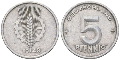 ГДР 5 пфеннигов 1948 A KM 2 алюминий 188-612