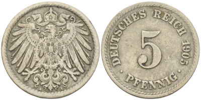 ГЕРМАНИЯ 5 ПФЕННИГОВ 1905 A KM 11, J. 12 медно-никель 105-115