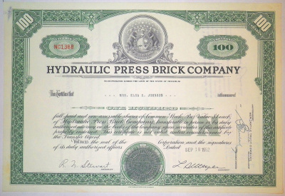 США, Hydraulic-Press Brick Company 100 акций 1952 бумага 8805-44-1
