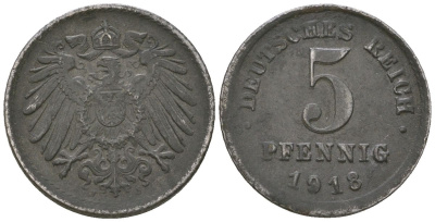 Германия 5 пфеннигов 1918 J, Вильгельм II (1888-1918) KM 19, AKS 17, J 297, Schon DM 20, Neum 33 железо 4588-365