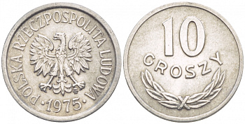 ПОЛЬША 10 ГРОШЕЙ 1975 MW KM АА47 алюминий UNC 4547-936