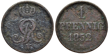 Ганновер 1 пфенниг 1852 B, Георг V, год тип KM 216, AKS 154, J. 82 медь 4594-458