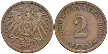 ГЕРМАНИЯ 2 ПФЕННИГА 1904 A KM 16, J. 11, Weege 4 медь 206-464