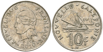 Французская Новая Каледония 10 франков 2010 рыбачья парусная лодка, (IEOM) KM 11a, Schoen 13a, Lec 99k медно-никель 3459-221