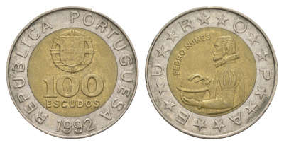 Португалия 100 эскудо 1992 Педру Нуниш (1502-1578), математик KM 645 биметалл 4390-756