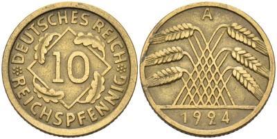 Германия 10 рейхспфеннигов 1924 A KM 40, J.317, Weege 9 алюминиевая бронза 46-728