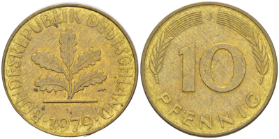 ФРГ 10 ПФЕННИГОВ 1979 J KM 108, J. 383 сталь плакированная латунью 4182-915