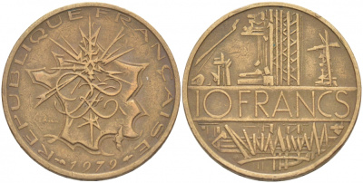 Франция 10 франков 1979 тип Матье KM 940, Le Franc 365.13-14 никель латунь 4402-1143