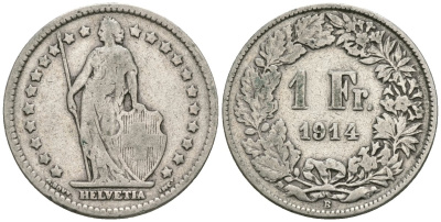 Швейцария 1 франк 1914 В KM 24 серебро 4579-633