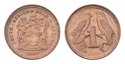 ЮАР 1 цент 1993 герб, капские воробьи KM 132 сталь плакированная медью UNC 4682-1041