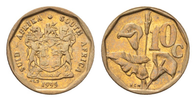ЮАР 10 центов 1995 герб, цветок алоэ KM 135 сталь плакированная бронзой UNC 4694-719