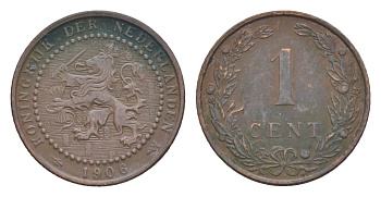Нидерланды 1 цент 1906 Вильгельмина (1890-1948) KM 132 бронза 73-616