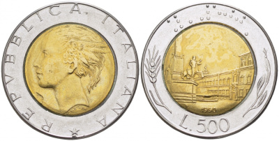 Италия 500 лир 1990 R, Квиринальский дворец в Риме KM 111 биметалл 175-1012