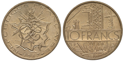 Франция 10 франков 1987 тип Матье KM 940, Le Franc 365.27-28 никель латунь 4123-631