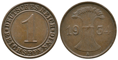 ГЕРМАНИЯ 1 РЕЙХСПФЕННИГ 1934 A KM 37, J. 313 бронза 4380-1257