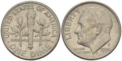 США 10 ЦЕНТОВ = 1 ДАЙМ 1994 P, РУЗВЕЛЬТ KM 195а медь плакированная медно-никелем 66-1127