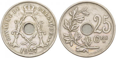 БЕЛЬГИЯ 25 САНТИМОВ 1927 BELGIQUE KM 68.1 медно-никель 4529-1121