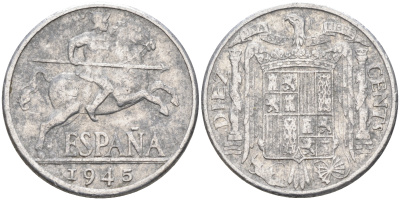 ИСПАНИЯ 10 СЕНТИМО 1945 РЫЦАРЬ НА КОНЕ KM 766 алюминий 4589-856
