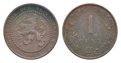 Нидерланды 1 цент 1906 Вильгельмина (1890-1948) KM 132 бронза 73-616