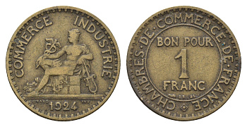 Франция 1 франк 1924 KM 876 алюминиевая бронза 4673-1123