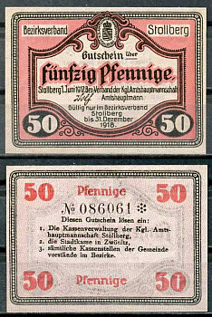 Германия, Штольберг 50 пфеннигов 1918 нотгельд, 31.12.1918 Tieste 7155.05.03 бумага UNC (пресс) 8614-49-1-1