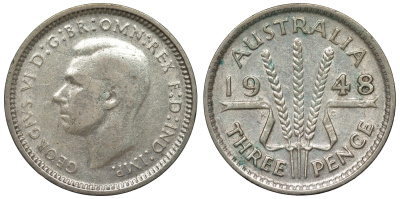 Австралия 3 пенса 1948 m, Георг VI (1937-1952), без букв KM 37a серебро 71-221