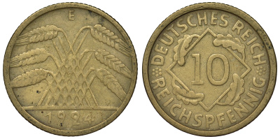 Германия 10 рейхспфеннигов 1924 E KM 40, J. 317 алюминиевая бронза 4121-856