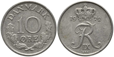 ДАНИЯ 10 ЭРЕ 1972 S; S, ФРЕДЕРИК IX (1947-1972) KM 849.2 медно-никель 116-232