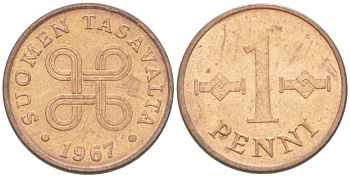 Финляндия 1 пенни 1967 KM 44 медь 218-1262