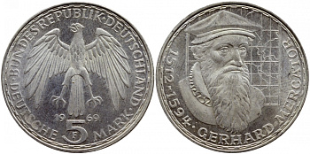 ФРГ 5 марок 1969 F, 375 лет со дня смерти Герарда Меркатора J. 400, KM 126.1 серебро UNC 1520-1242