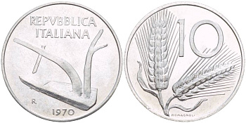 ИТАЛИЯ 10 ЛИР 1970 R, КОЛОСЬЯ, ПЛУГ KM 93 алюминий UNC 4551-214