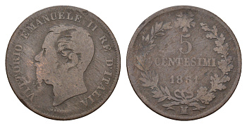 Италия 5 чентезимо 1861 M, Виктор Эммануил II (1861-1878) KM 3 медь 45-1043