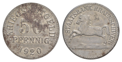 Брауншвейг 50 пфеннигов 1920 Funck 56.7, Men05 3477.1, Men18 4416.1 железо UNC 4642-513
