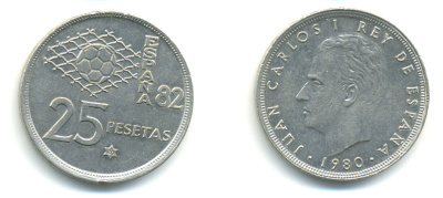 Испания 25 песет 1980 (80) чемпионат мира по футболу KM 818 медно-никель 89-1424