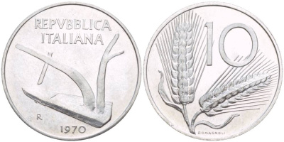 ИТАЛИЯ 10 ЛИР 1970 R, КОЛОСЬЯ, ПЛУГ KM 93 алюминий UNC 4551-214