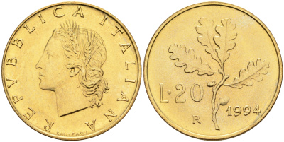 Италия 20 лир 1994 R, дубовый лист KM 97.2 алюминиевая бронза  UNC  4594-921