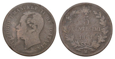 Италия 5 чентезимо 1861 M, Виктор Эммануил II (1861-1878) KM 3 медь 45-1043