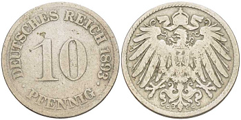ГЕРМАНИЯ 10 ПФЕННИГОВ 1893 G KM 12, J. 13 медно-никель 4401-937