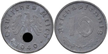 ГЕРМАНИЯ 10 РЕЙХСПФЕННИГОВ 1940 A KM 101, J. 371 цинк 4401-822