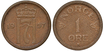 Норвегия 1 эре 1957 Хокон VII (1905-1957) KM 398 бронза 4164-117