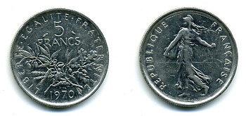 ФРАНЦИЯ 5 ФРАНКОВ 1970 СЕЯТЕЛЬ KM 926a.1, LE FRANC 341.2 медно-никель плакированный никелем 25-714