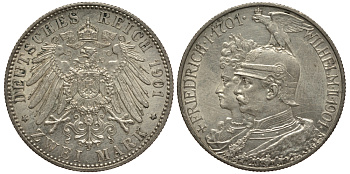 Пруссия 2 марки 1901 A, 200 лет Прусской королевской династии (Фридрих I - Вильгельм II) J.105, Weege 105, KM 525 серебро 3711-1133