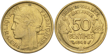 ФРАНЦИЯ 50 САНТИМОВ 1940 ТИП MORLON KM 894.1, LE FRANC 192.17 алюминиевая бронза 44-758