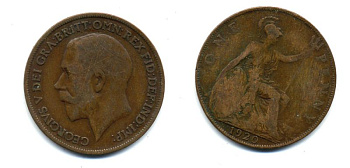 Великобритания 1 пенни 1920 Георг V (1910-1936) КМ 810, Spink 4051 бронза 47-436