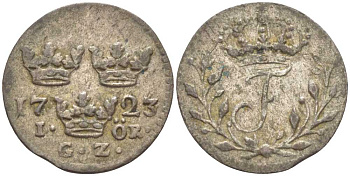 Швеция 1 эре 1723 GZ, Фредерик I (1720-1751) KM 382 (252) серебро 1527-523