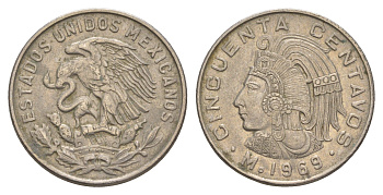 Мексика 50 сентаво 1969 Куаутемок, последний правитель империи ацтеков KM 451 медно-никель 4656-1211