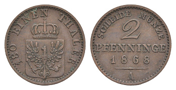 Пруссия 2 пфеннига 1868 A, Вильгельм I (1861-1888) KM 481, Jaeger 51, AKS 107, Olding 425 медь 4651-319