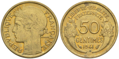 Франция 50 сантимов 1941 тип Морлон KM 894.1, Le Franc 192.18 алюминиевая бронза 44-364